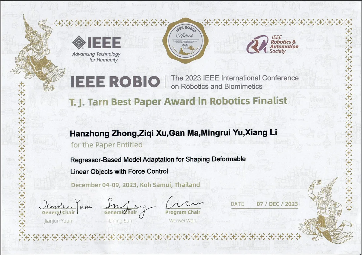 IEEE ROBIO 2023 · T. J. Tarn Best Paper Award in Robotics finalist