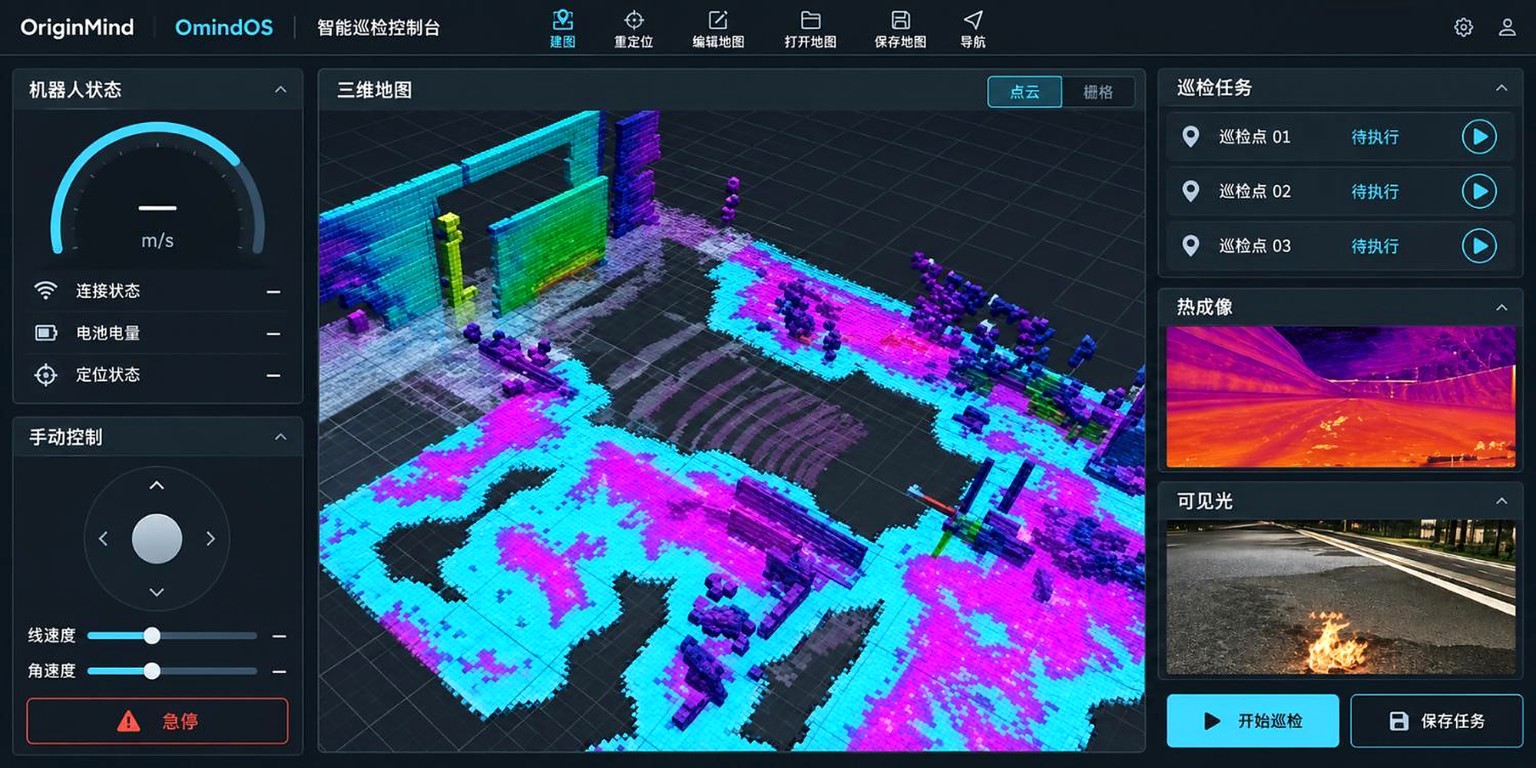 OmindOS inspection interface showing a 3D point cloud, task list and sensor views