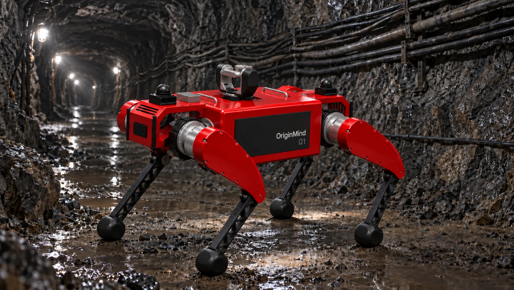 Concept rendering of the Q1 quadruped inspection robot in an underground mine