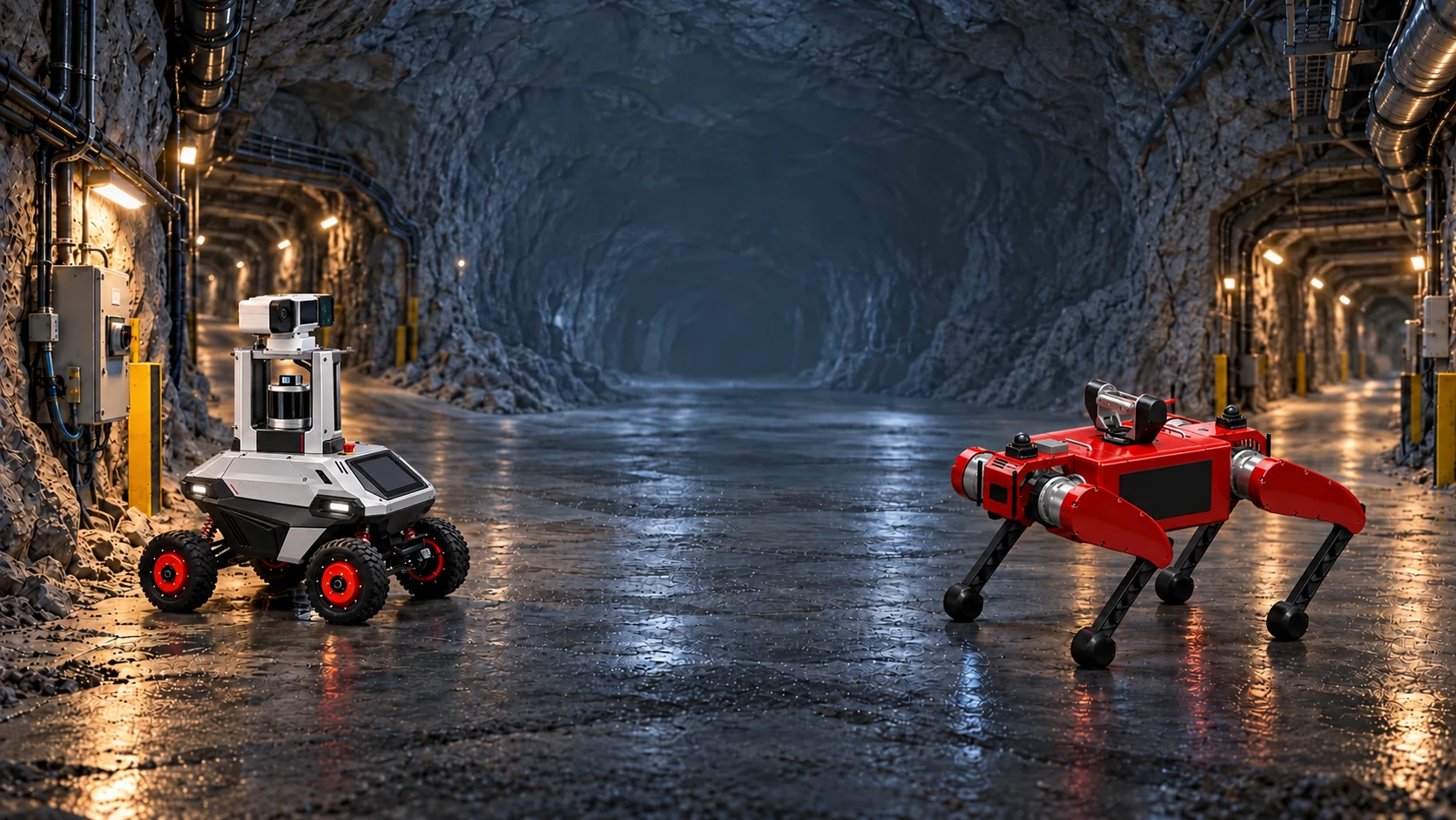 Concept visualization of W1 and Q1 robots in an underground mine